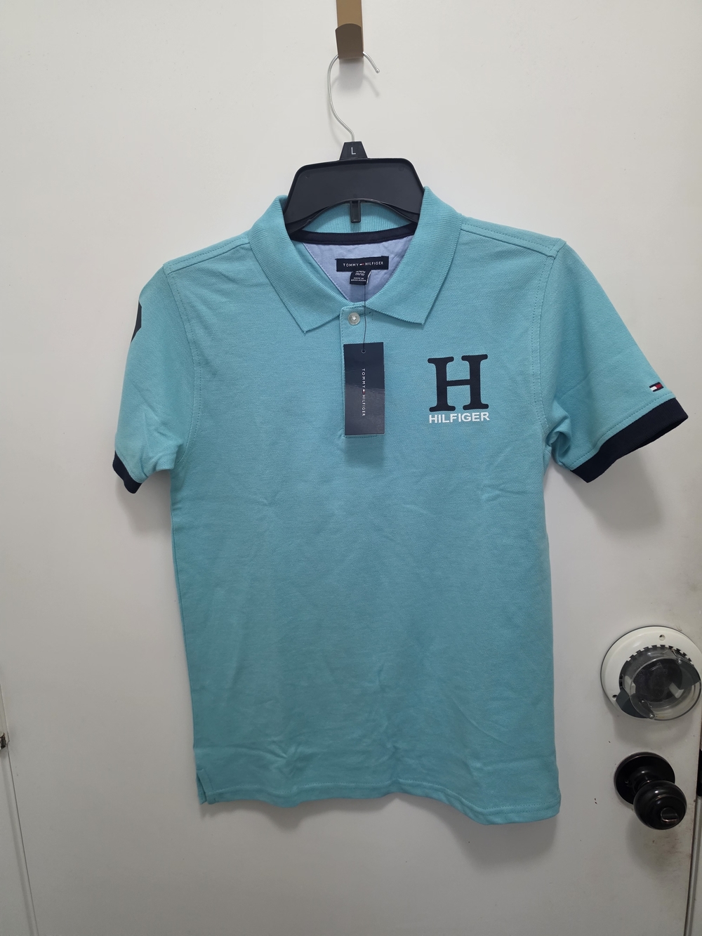 Tommy Hilfiger Boy's Aqua Polo Shirt with Contrast Trim Size M